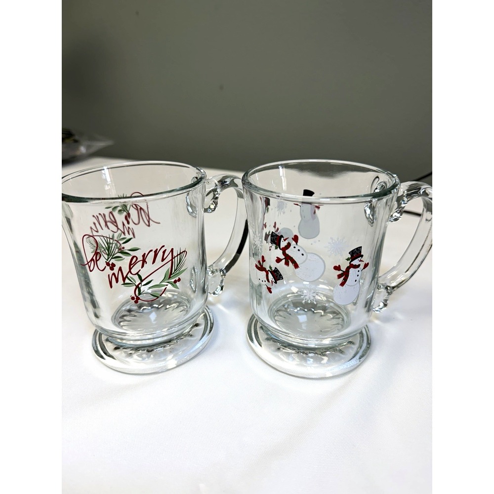 Set of 2 Clear Glass 12 oz Christmas Coffee Mugs Snowman "Be Merry"